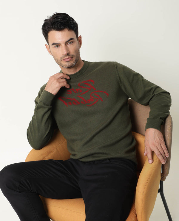 RARE RABBIT MEN'S TEEDO OLIVE PULLOVER COTTON FABRIC ROUND NECK FULL SLEEVES SLIM FIT