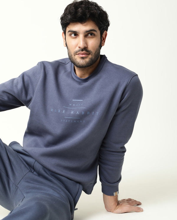 Rare Rabbit Men'S Pearlz Dark Blue Sweatshirt Cotton Polyester Fabric Crew Neck Full Sleeves Slim Fit