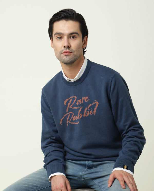 Rare Rabbit Men'S Teedo Navy Pullover Cotton Fabric Round Neck Full Sleeves Slim Fit