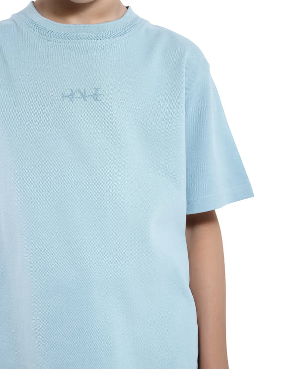 Rare Ones Kids Heron Light Blue Cotton Fabric Half Sleeves Crew Neck Embroidered T-Shirt