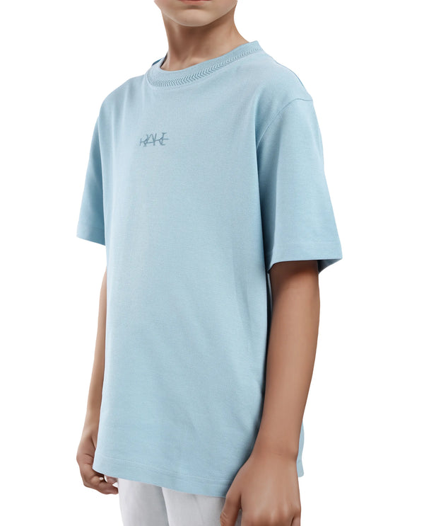 Rare Ones Kids Heron Light Blue Cotton Fabric Half Sleeves Crew Neck Embroidered T-Shirt