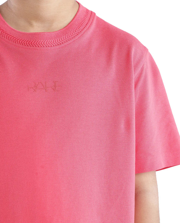 Rare Ones Kids Heron Fluorescent Pink Cotton Fabric Half Sleeves Crew Neck Embroidered T-Shirt