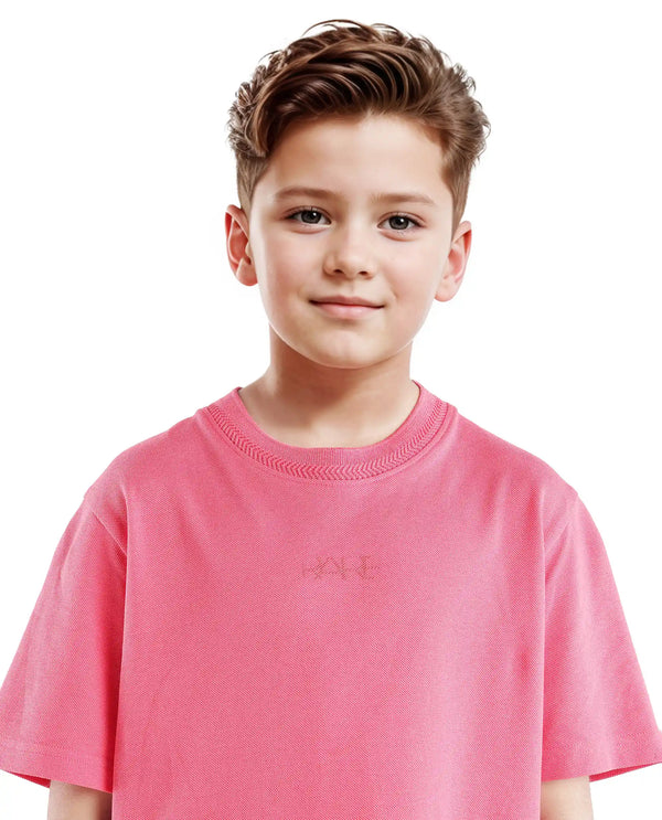 Rare Ones Kids Heron Fluorescent Pink Cotton Fabric Half Sleeves Crew Neck Embroidered T-Shirt