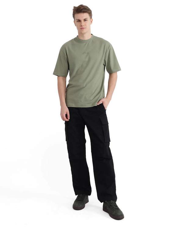 Rare Rabbit Men's Heros-2 Dusky Green Cotton Lycra Fabric Short Sleeve Crew Neck Oversized Fit Plain T-Shirt