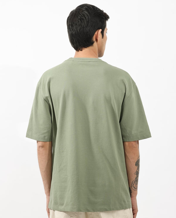 Rare Rabbit Mens Heros Dusky Green Cotton Lycra Fabric Blend Drop Shoulder Short Sleeve Oversized Fit Solid T-Shirt