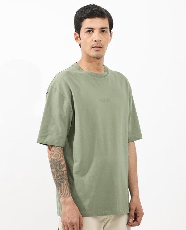 Rare Rabbit Mens Heros Dusky Green Cotton Lycra Fabric Blend Drop Shoulder Short Sleeve Oversized Fit Solid T-Shirt