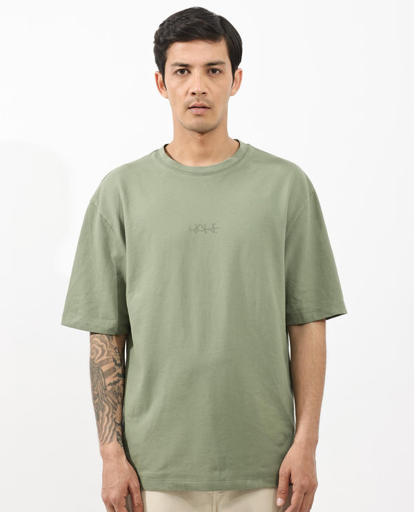 Rare Rabbit Mens Heros Dusky Green Cotton Lycra Fabric Blend Drop Shoulder Short Sleeve Oversized Fit Solid T-Shirt