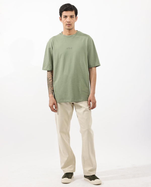 Rare Rabbit Mens Heros Dusky Green Cotton Lycra Fabric Blend Drop Shoulder Short Sleeve Oversized Fit Solid T-Shirt