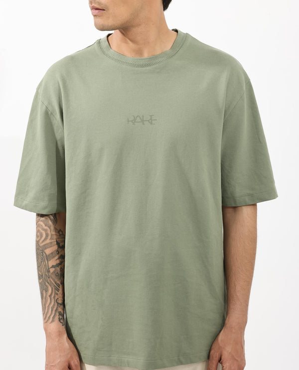 Rare Rabbit Mens Heros Dusky Green Cotton Lycra Fabric Blend Drop Shoulder Short Sleeve Oversized Fit Solid T-Shirt