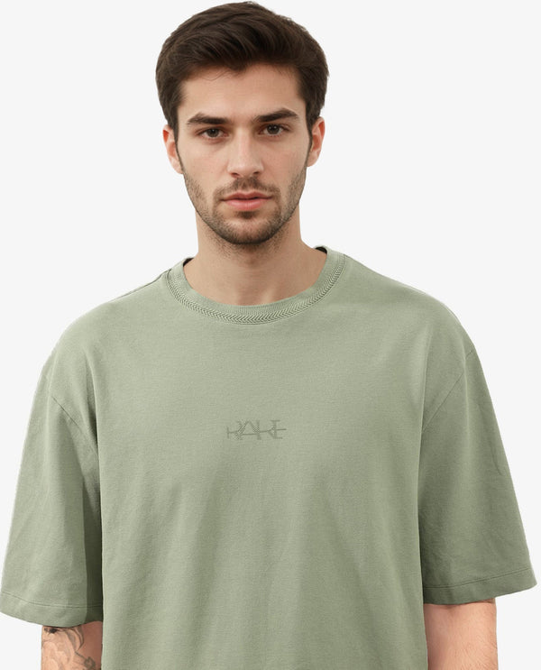 Rare Rabbit Mens Heros Dusky Green Cotton Lycra Fabric Blend Drop Shoulder Short Sleeve Oversized Fit Solid T-Shirt