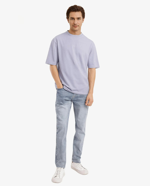 Rare Rabbit Men's Heros-1 Light Purple Cotton Lycra Fabric Blend Drop Shoulder Short Sleeve Oversized Fit Embroidered Logo T-Shirt