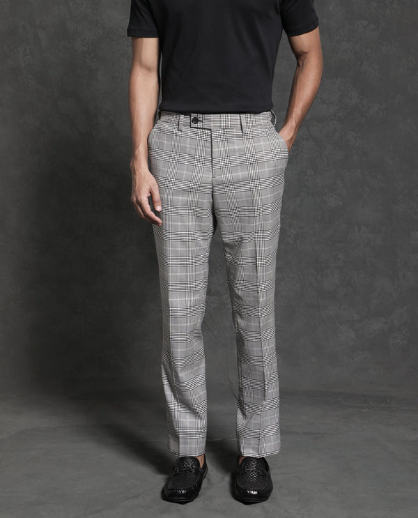 Rare Rabbit Men's Savvet Grey Mid-Rise Regular Fit Premium Checks Trouser