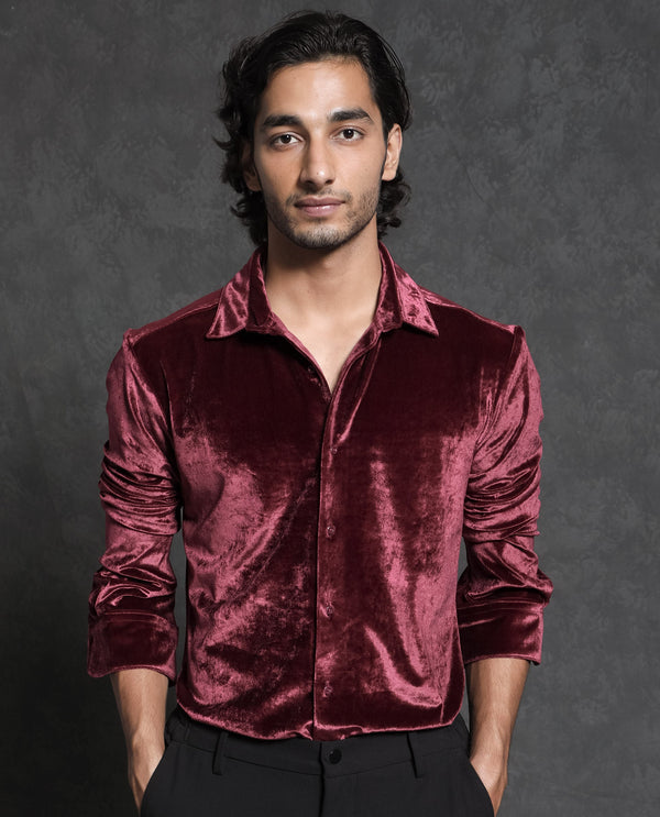 Rare Rabbit Men's Valve Maroon Velvet Texture Full Sleeves Solid Shirt