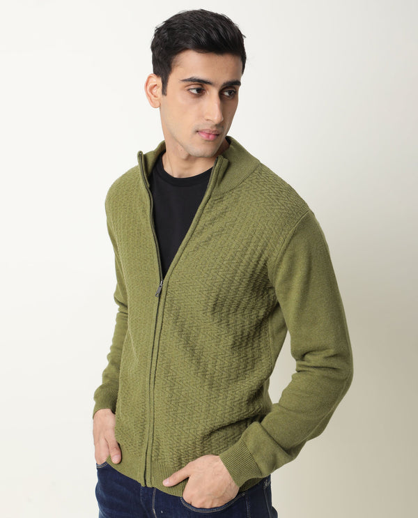 Rare Rabbit Jacky Primary Green Pullover Cotton Fabric Full Sleeve Mock Collar Slim Fit