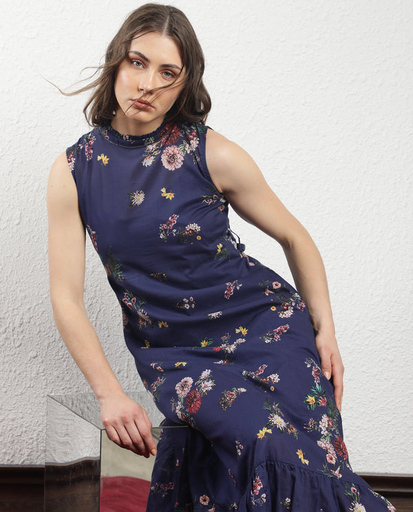 Rareism Women Jemma Navy Cotton Fabric Zip Closure High Neck Sleeveless Regular Fit Floral Print Maxi Dress