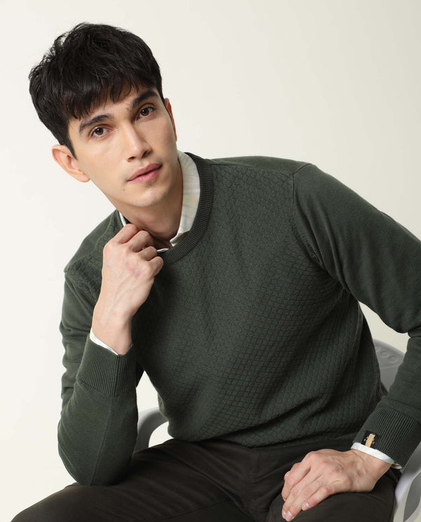 Rare Rabbit Men'S Cable Olive Sweater Cotton Fabric Full Sleeves