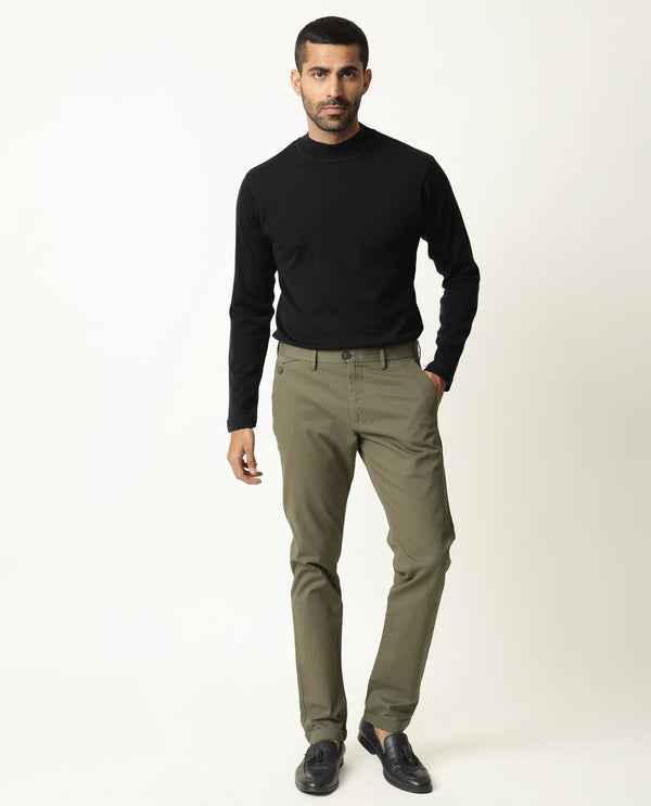 Rare Rabbit Men's Jacob Dark Olive Cotton Polyester Fabric Mid-Rise Regular Fit Twill Trouser