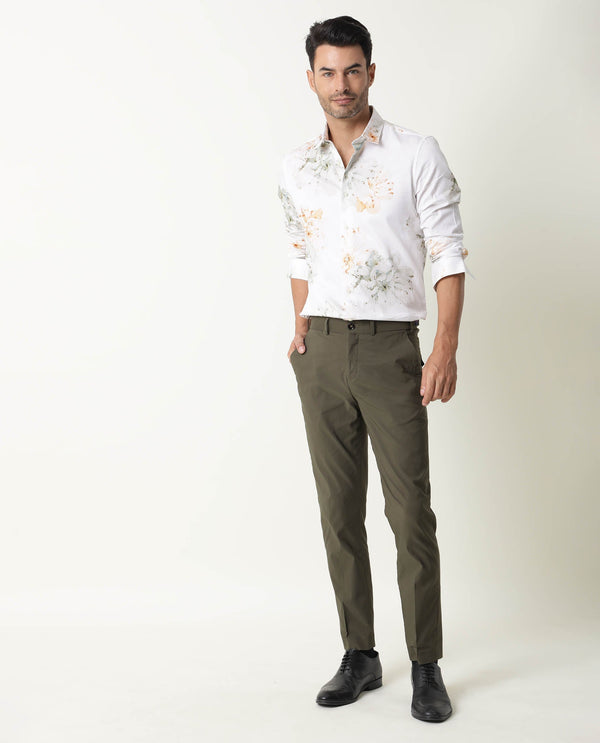 Rare Rabbit Men's Glak Olive Solid Mid-Rise Regular Fit Trouser