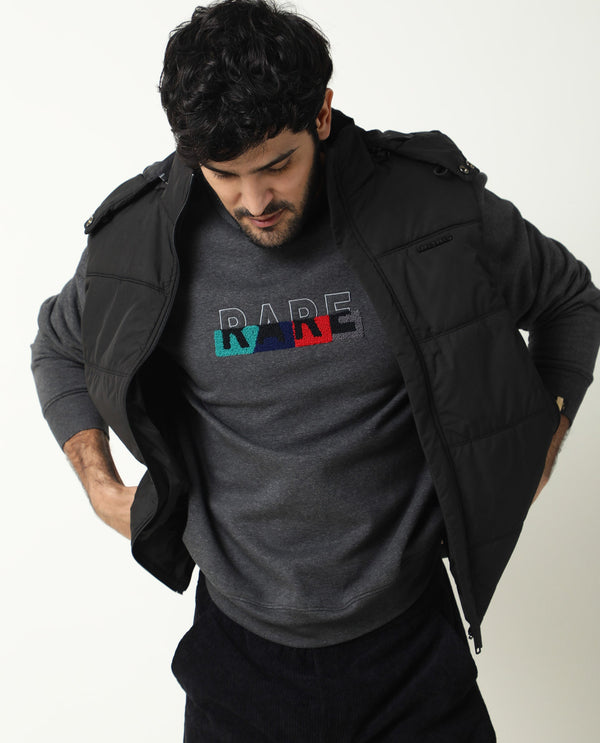 Rare Rabbit Mens Floki Black Cotton Polyester Fabric Crew Neck Full Sleeves Slim Fit Sweatshirt
