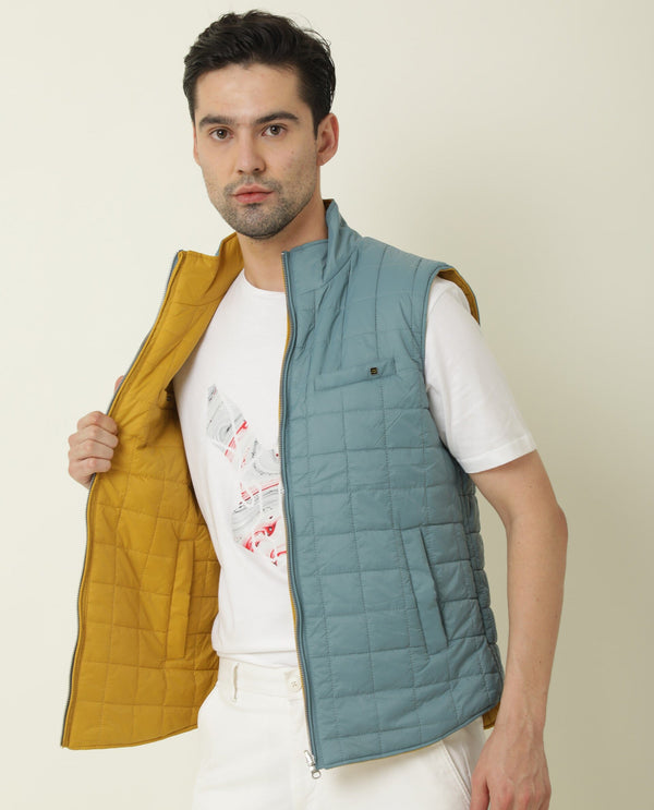 Rare Rabbit Men's Fillex Blue Solid Reversible Quilted Half-Sleeve Puffer Jacket