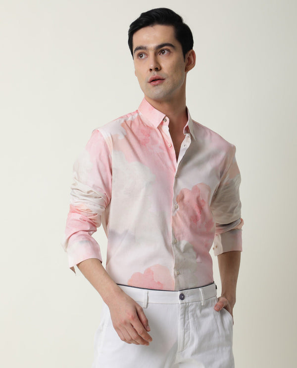 Rare Rabbit Men's Fife Pink Viscose Fabric Full Sleeves Abstract Print Shirt