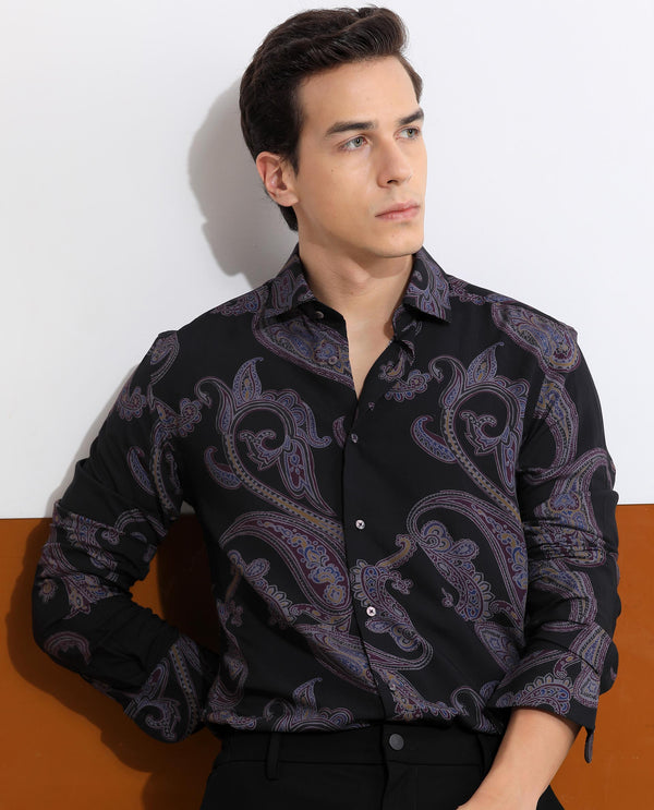 Rare Rabbit Men's Zeus Black Viscose Fabric Full Sleeves Paisley Print Shirt