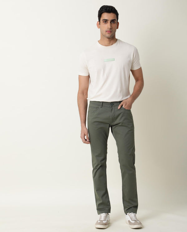 Rare Rabbit Men's Mark Green Solid Mid-Rise Regular Fit Stretch Trouser