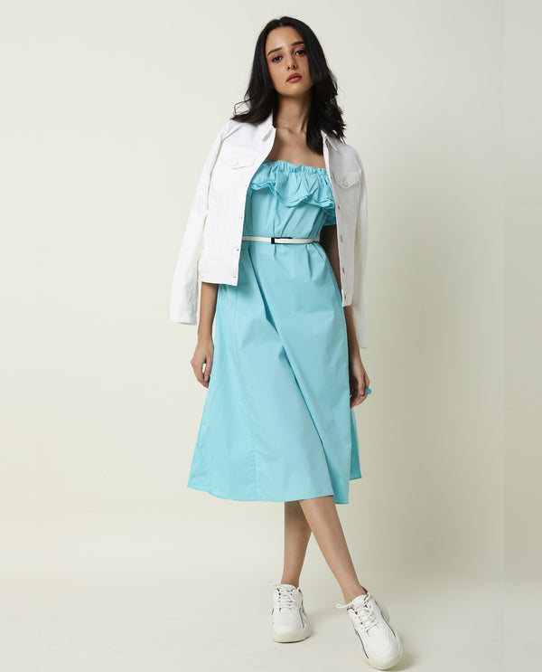 Rareism Women Lens Blue Sleeveless Shoulder Strap Ruffled Square Neck With Pockets Midi Dress