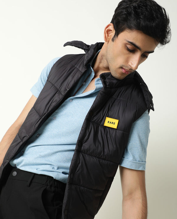 Rare Rabbit Men's Depot Black Plain Sleeveless Detachable Hood Puffer Jacket