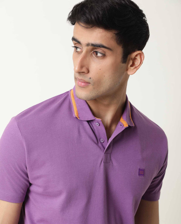 Rare Rabbit Men's Taper Purple Cotton Fabric Collared Neck Half Sleeves Textured Polo T-Shirt