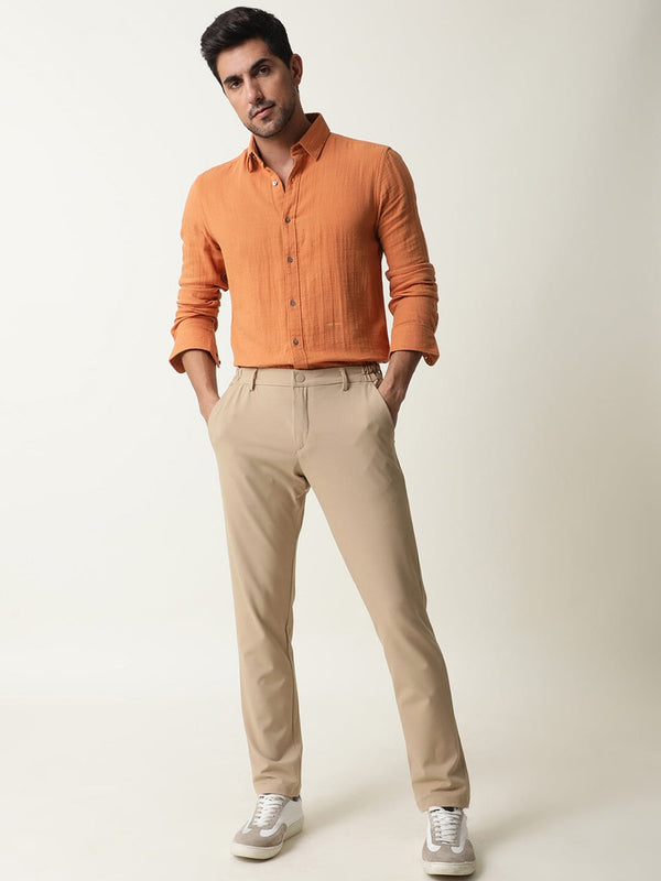 Rare Rabbit Men's Travel-1 Beige Solid Mid-Rise 4-Way Stretch Slim Fit Trouser