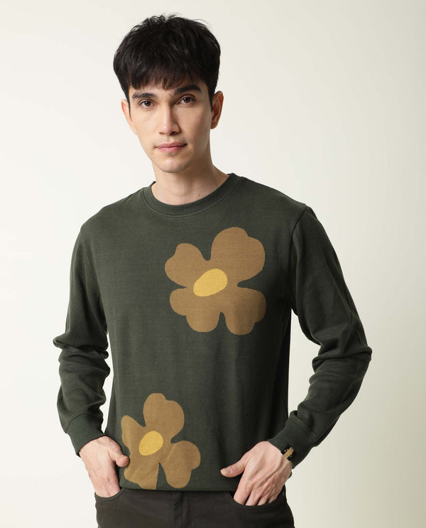 Rare Rabbit Men's Fauna Olive Cotton Fabric Full Sleeves Floral Print Knitted Sweatshirt