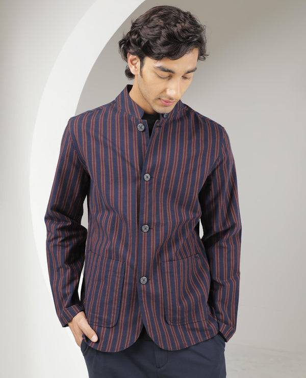 Rare Rabbit Men's Banner Navy Mandarin Collar Striped Jacket
