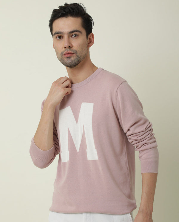 Rare Rabbit Avitt Primary Pink Pullover Cotton Fabric Full Sleeve Round Neck Slim Fit