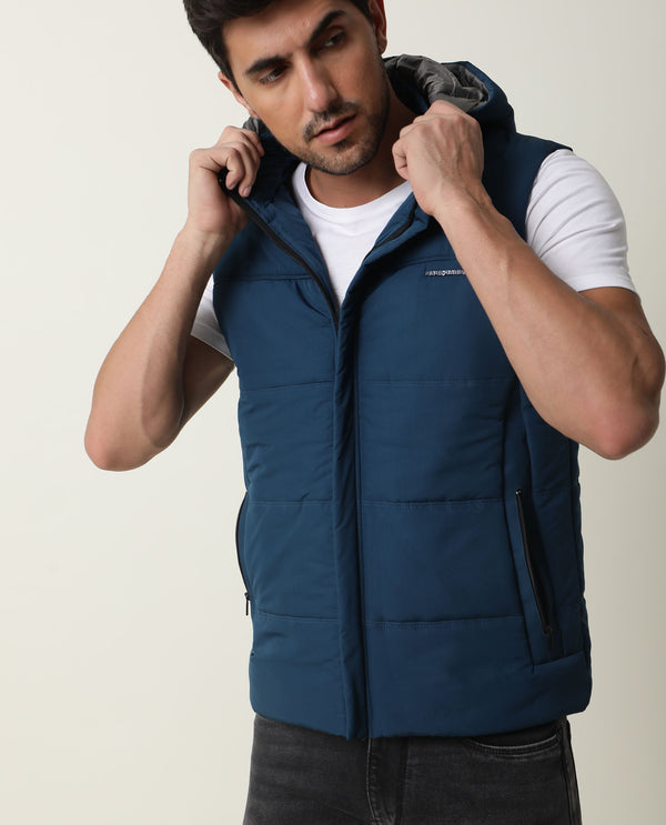 Rare Rabbit Men's Filly Dark Blue Sleeveless Quilted Puffer Jacket