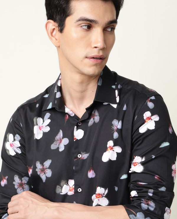 Rare Rabbit Men's Cuplets Black Cotton Fabric Full Sleeves Floral Printed Shirt