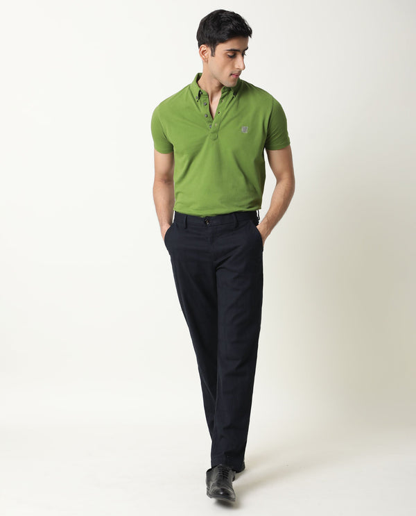 Rare Rabbit Men's Alvas Solid Navy Mid-Rise Regular Fit Trouser
