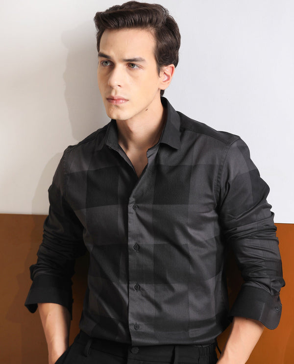 Rare Rabbit Men's Santhe Black Cotton Lycra Fabric Full Sleeves Regular Fit Tonal Checks Shirt