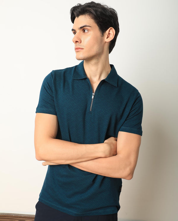 Rare Rabbit Men's Cabetta Navy Cotton Fabric Collared Neck Zipper Closure Half Sleeves Jacquard Polo T-Shirt