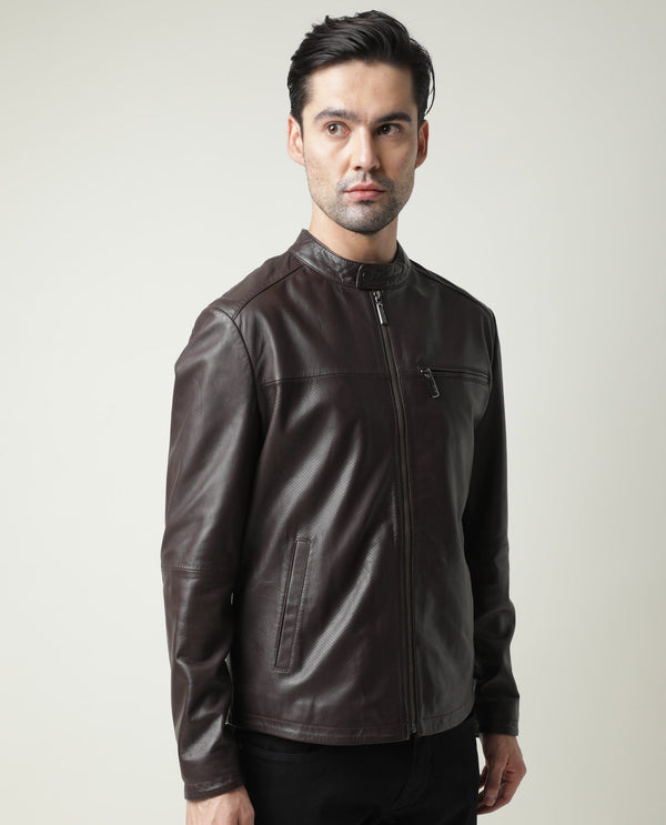 RARE RABBIT MEN'S DREDER BROWN JACKET LEATHER FABRIC BROAD COLLAR NECK FULL SLEEVES ZIPPER CLOSURE SLIM FIT