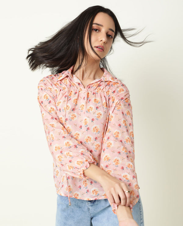 Rareism Women Joyce Pink Cotton Fabric Regular Fit Shirt Collar Full Sleeves Floral Print Top