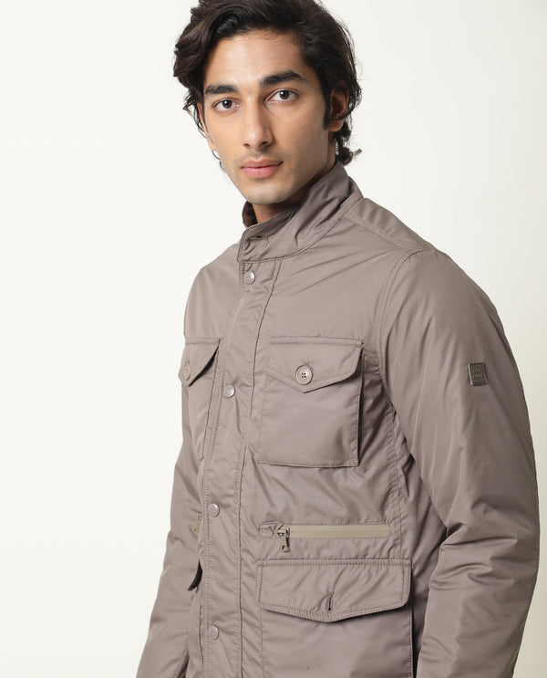 Rare Rabbit Mass Primary Beige Jacket Polyester Fabric Full Sleeve Mock Collar Slim Fit