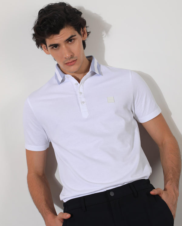 Rare Rabbit Men's Divide White Cotton Fabric Striped Collar Half Sleeves Polo T-Shirt