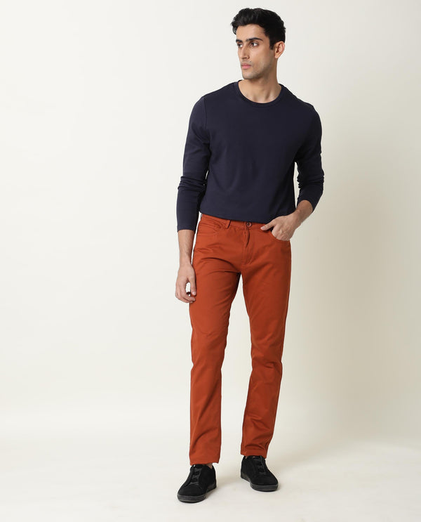 Rare Rabbit Men's Mark Dark Maroon Solid Mid-Rise Regular Fit Stretch Trouser