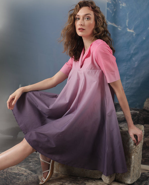 Rareism Women Celine Purple Cotton Fabric Short Sleeves Over Lap Flared Fit Ombre Knee Length Empire Dress