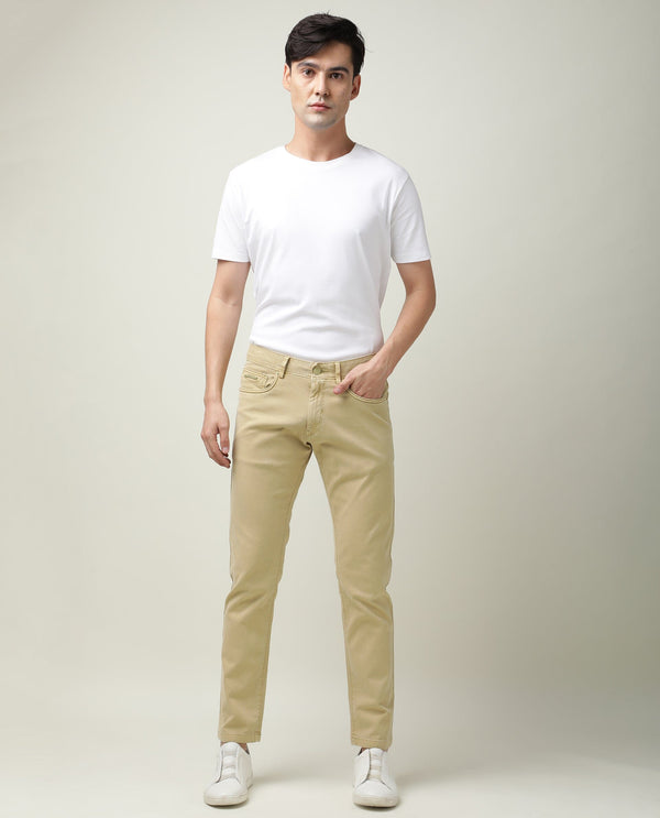 Rare Rabbit Men's Fiv5 Green Solid Mid-Rise Slim Fit Trouser