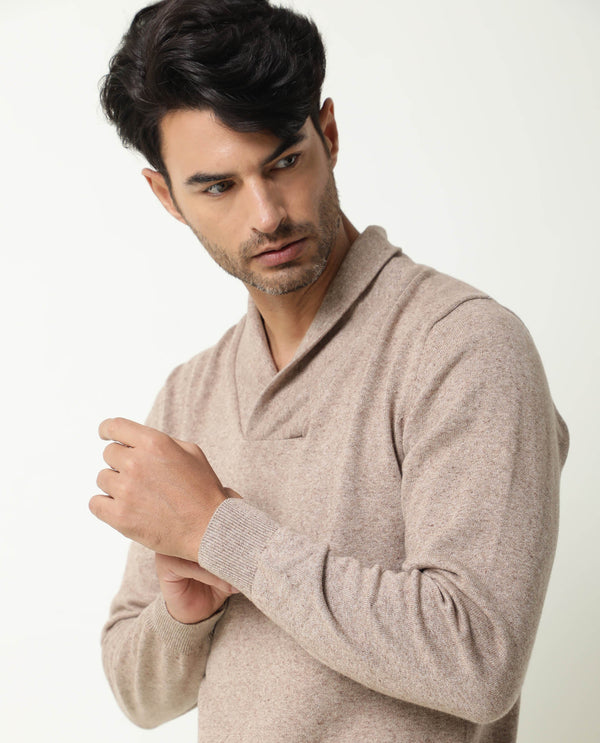 Rare Rabbit Denvy Primary Beige Cotton Fabric Full Sleeve Broad Collar Slim Fit Sweater