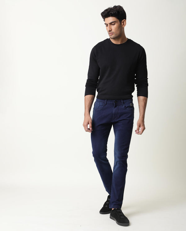 Rare Rabbit Men's Repp Blue Pant Cotton Elastane Fabric Slim Fit Button & Zip Closure Jeans