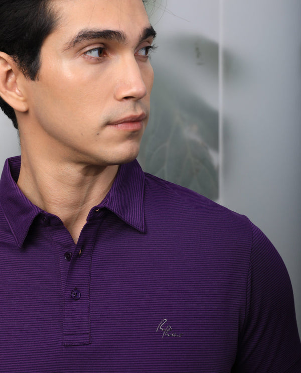 Rare Rabbit Men's Tunas Dark Purple Cotton Polyester Fabric Collared Neck Half Sleeves Striped Polo T-Shirt