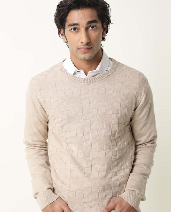 Rare Rabbit Russ Primary Beige Pullover Cotton Fabric Full Sleeve Round Neck Slim Fit